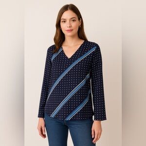 Vince Camuto Womens Multicolor Long Sleeve Satin Night Navy V-Neck Blouse PM
